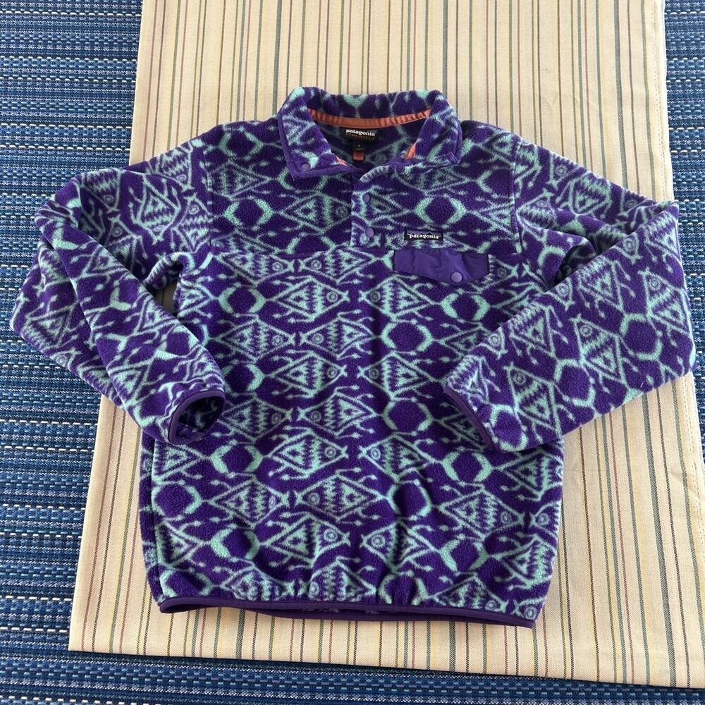 Patagonia Snap T Synchilla Aztec Jacket Womens Small Blue Ikat Fish RARE #8640
